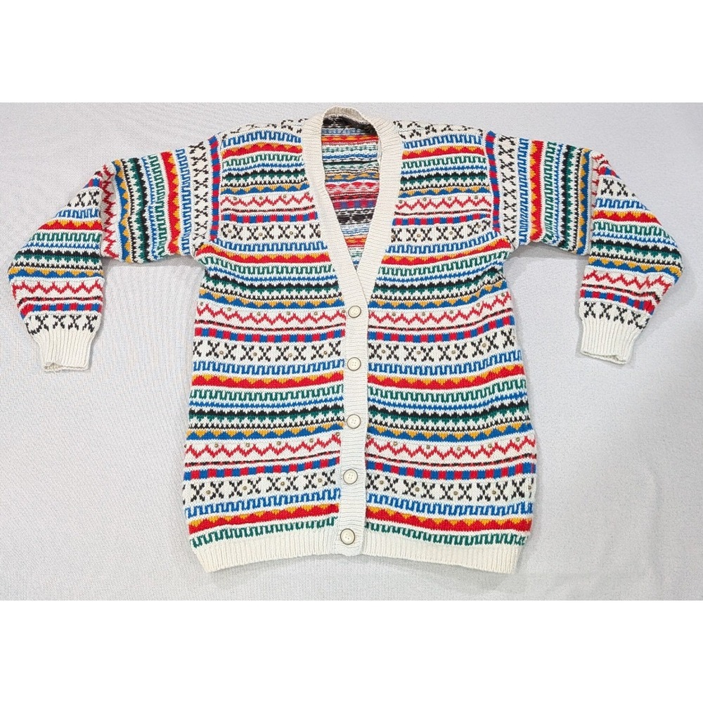 LizSport Cardigan Sweater Womens Petite S Multi Color Excellent Fair Isle Knit